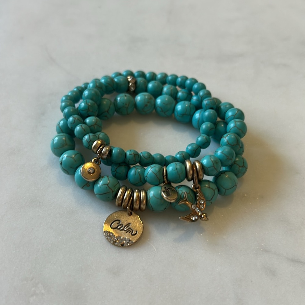 Genuine semi-precious Amazonite beaded bracelet 22k gold dipped brass charms